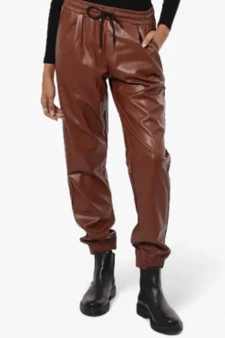 Limite Tie Waist Vegan Leather Jogger Pants - Brown