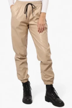 Limite Tie Waist Vegan Leather Jogger Pants - Beige