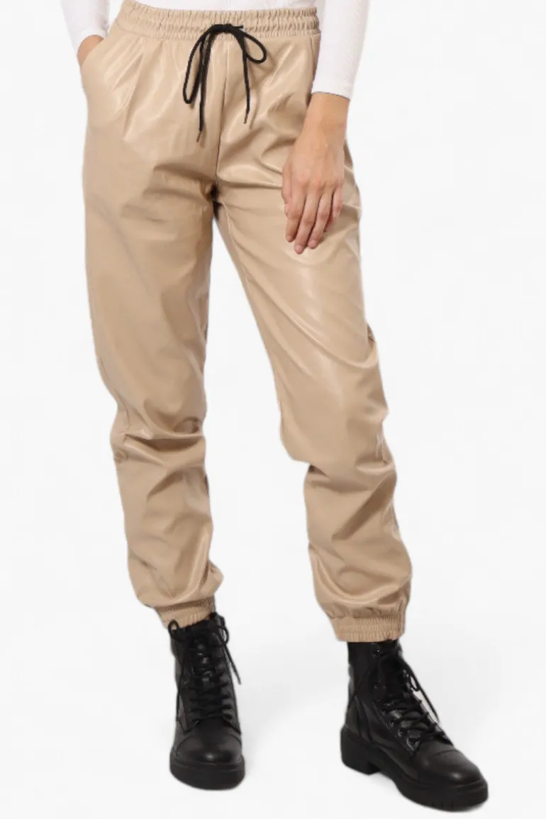Limite Tie Waist Vegan Leather Jogger Pants - Beige
