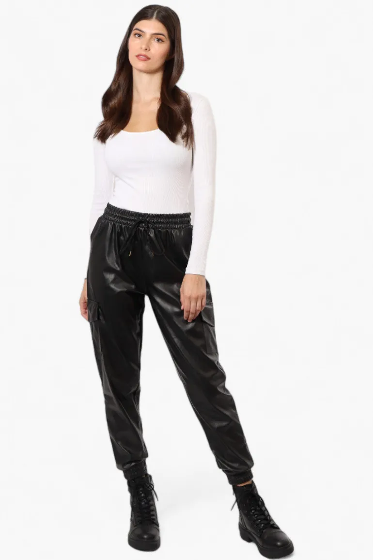 Limite Tie Waist Vegan Leather Cargo Jogger Pants - Black