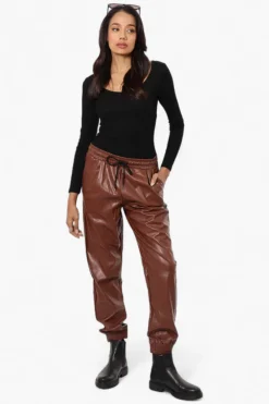 Limite Tie Waist Vegan Leather Jogger Pants - Brown