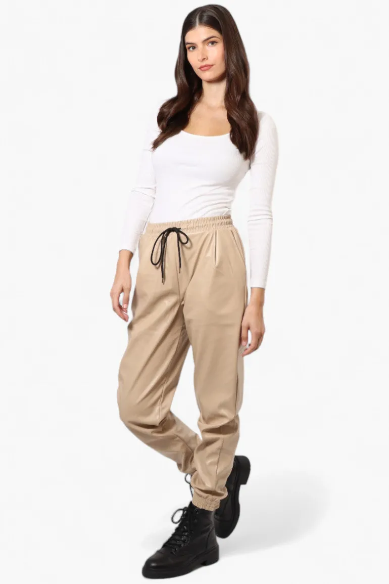 Limite Tie Waist Vegan Leather Jogger Pants - Beige