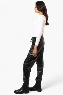 Limite Tie Waist Vegan Leather Jogger Pants - Black