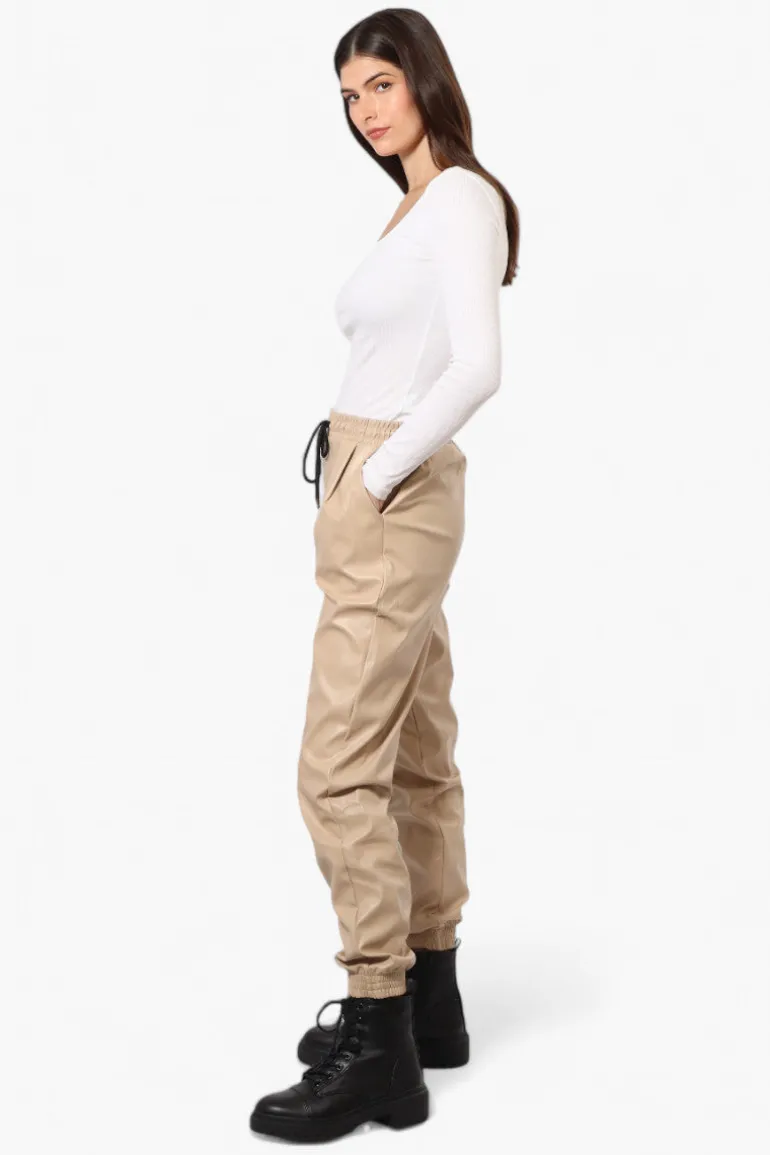 Limite Tie Waist Vegan Leather Jogger Pants - Beige