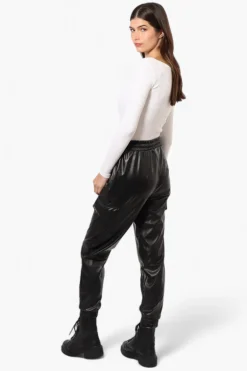 Limite Tie Waist Vegan Leather Cargo Jogger Pants - Black