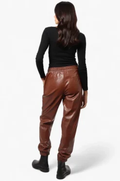 Limite Tie Waist Vegan Leather Jogger Pants - Brown