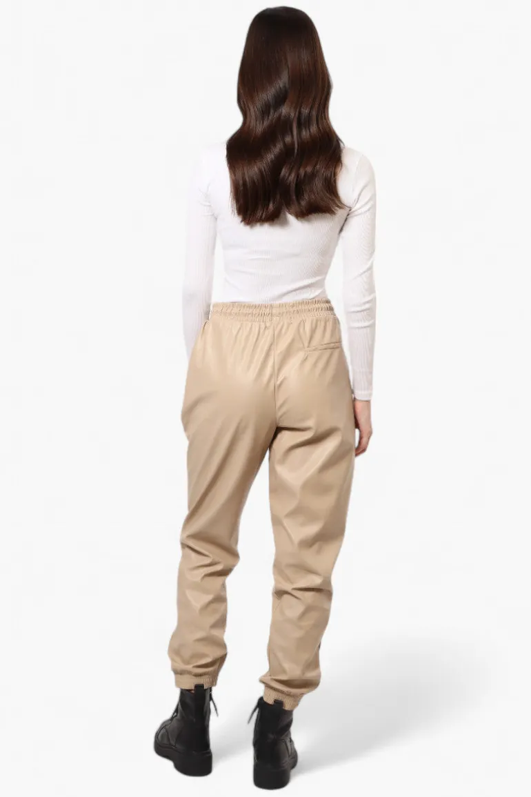 Limite Tie Waist Vegan Leather Jogger Pants - Beige