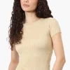 Magazine Ribbed Crew Neck Tee - Beige