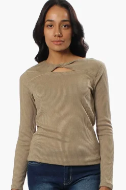 Magazine Ribbed Front Twist Long Sleeve Top - Beige