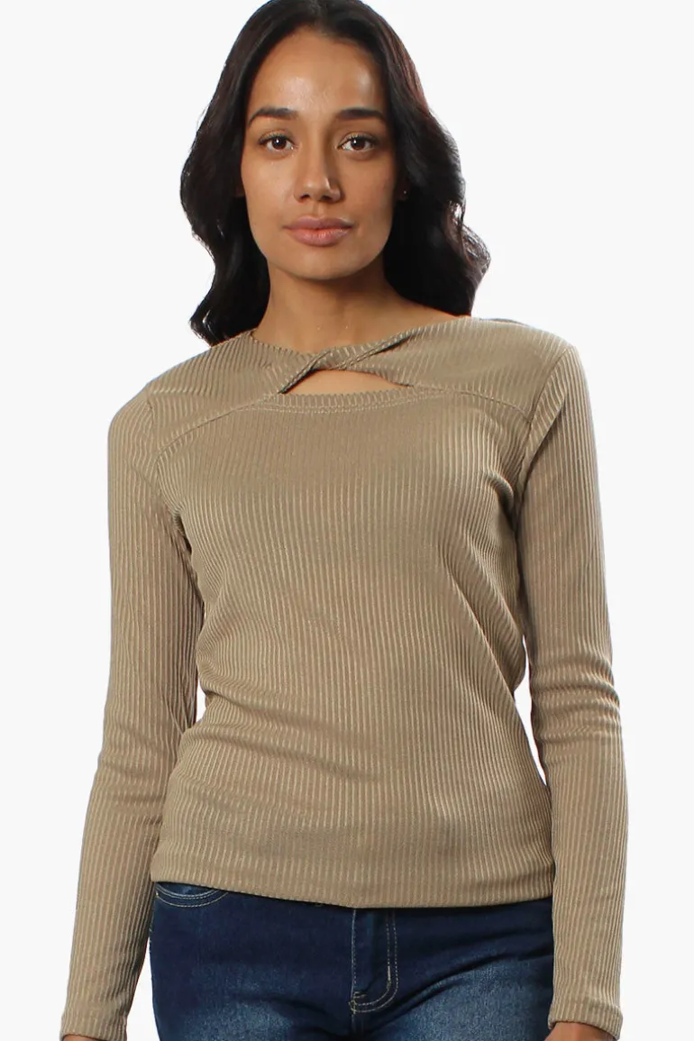 Magazine Ribbed Front Twist Long Sleeve Top - Beige