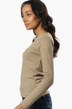 Magazine Ribbed Front Twist Long Sleeve Top - Beige