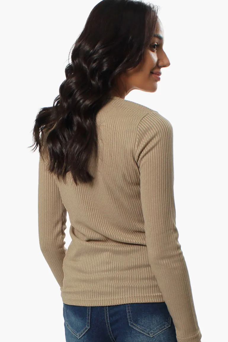 Magazine Ribbed Front Twist Long Sleeve Top - Beige