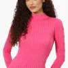Magazine Ribbed Mock Neck Long Sleeve Top - Pink