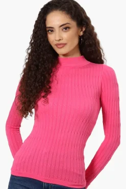 Magazine Ribbed Mock Neck Long Sleeve Top - Pink