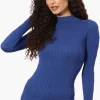 Magazine Ribbed Mock Neck Long Sleeve Top - Blue