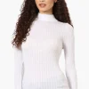 Magazine Ribbed Mock Neck Long Sleeve Top - White
