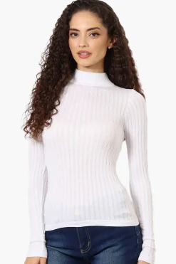 Magazine Ribbed Mock Neck Long Sleeve Top - White