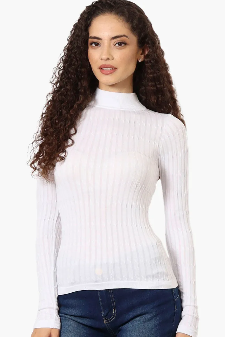 Magazine Ribbed Mock Neck Long Sleeve Top - White