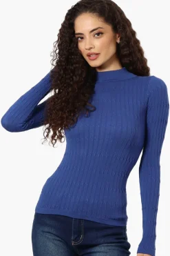 Magazine Ribbed Mock Neck Long Sleeve Top - Blue