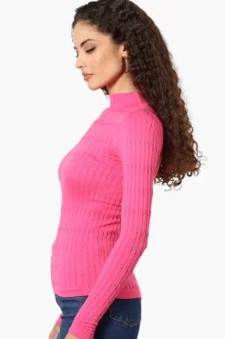 Magazine Ribbed Mock Neck Long Sleeve Top - Pink