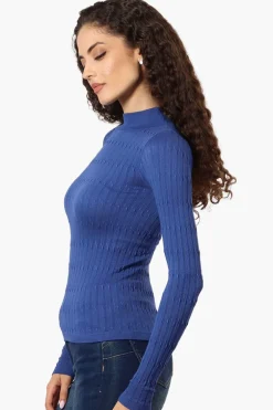 Magazine Ribbed Mock Neck Long Sleeve Top - Blue