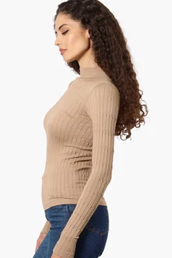 Magazine Ribbed Mock Neck Long Sleeve Top - Beige
