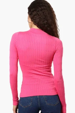 Magazine Ribbed Mock Neck Long Sleeve Top - Pink