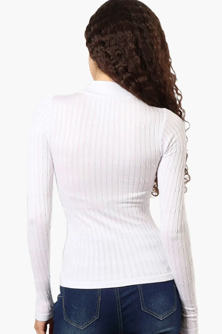 Magazine Ribbed Mock Neck Long Sleeve Top - White