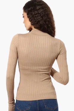 Magazine Ribbed Mock Neck Long Sleeve Top - Beige