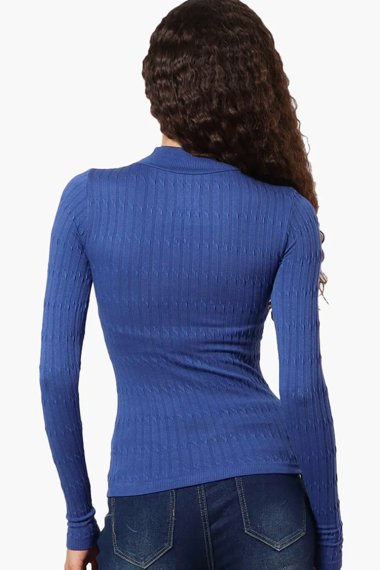 Magazine Ribbed Mock Neck Long Sleeve Top - Blue