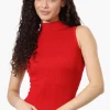 Magazine Ribbed Sleeveless Mock Neck Tank Top - Red
