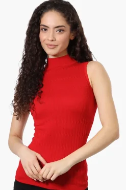 Magazine Ribbed Sleeveless Mock Neck Tank Top - Red