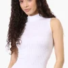 Magazine Ribbed Sleeveless Mock Neck Tank Top - White