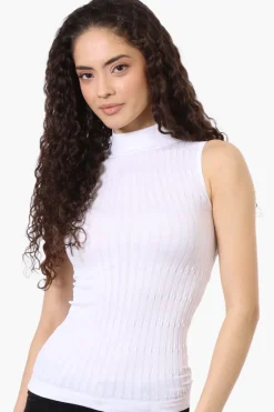 Magazine Ribbed Sleeveless Mock Neck Tank Top - White