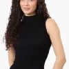 Magazine Ribbed Sleeveless Mock Neck Tank Top - Black