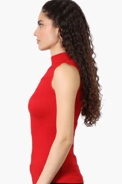 Magazine Ribbed Sleeveless Mock Neck Tank Top - Red