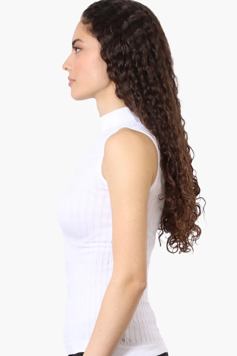 Magazine Ribbed Sleeveless Mock Neck Tank Top - White