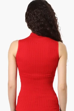 Magazine Ribbed Sleeveless Mock Neck Tank Top - Red