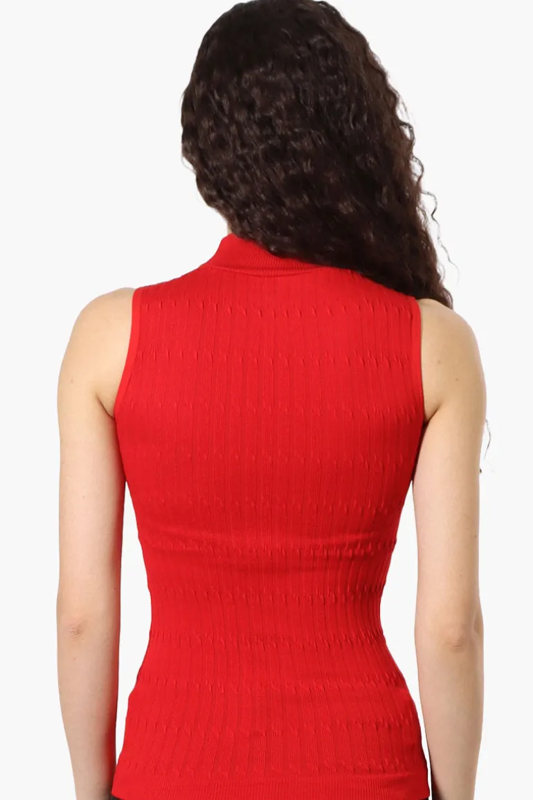 Magazine Ribbed Sleeveless Mock Neck Tank Top - Red