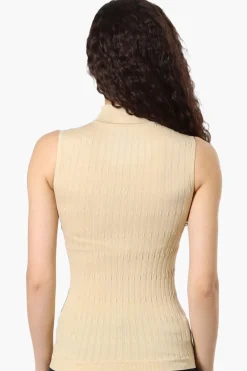 Magazine Ribbed Sleeveless Mock Neck Tank Top - Beige