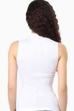 Magazine Ribbed Sleeveless Mock Neck Tank Top - White
