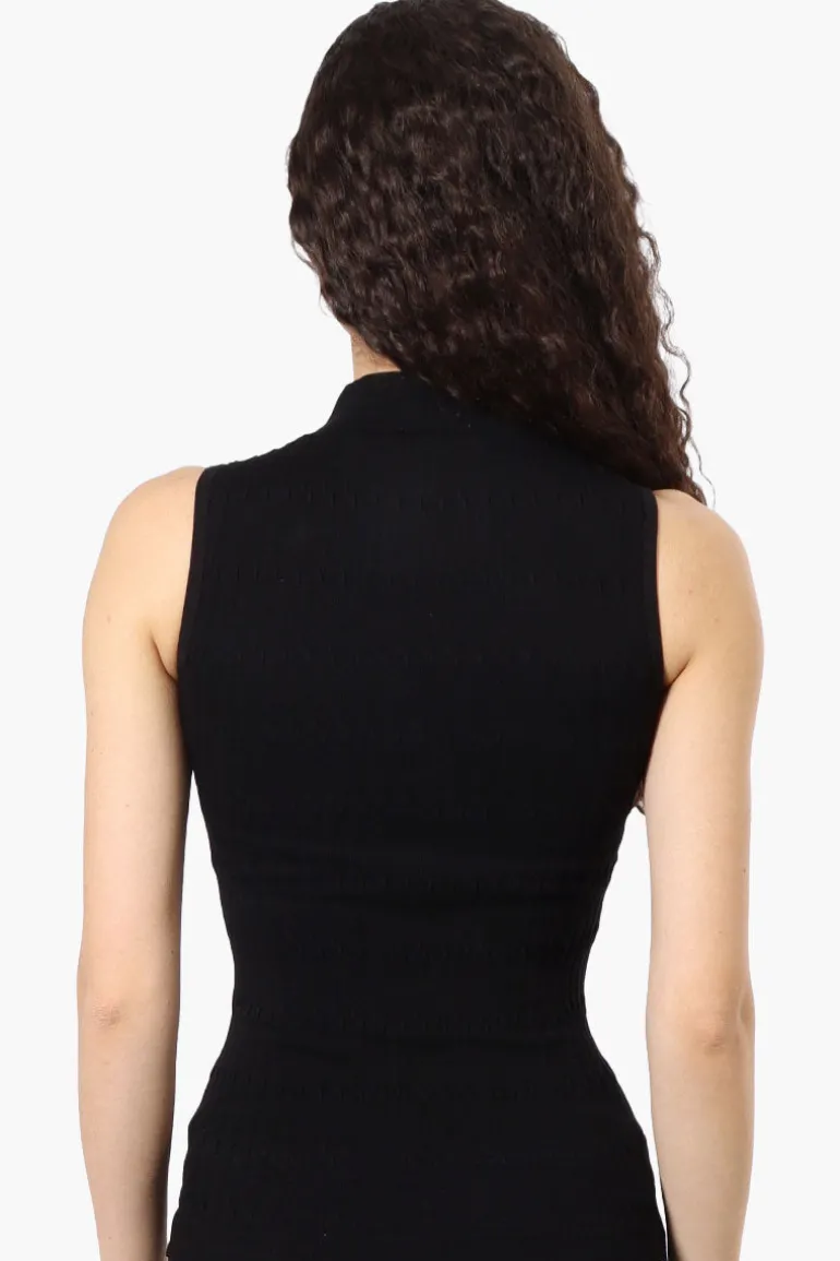Magazine Ribbed Sleeveless Mock Neck Tank Top - Black