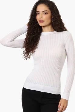 Magazine Solid Ribbed Crewneck Long Sleeve Top - White