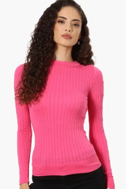 Magazine Solid Ribbed Crewneck Long Sleeve Top - Pink