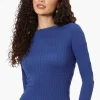 Magazine Solid Ribbed Crewneck Long Sleeve Top - Blue