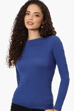 Magazine Solid Ribbed Crewneck Long Sleeve Top - Blue