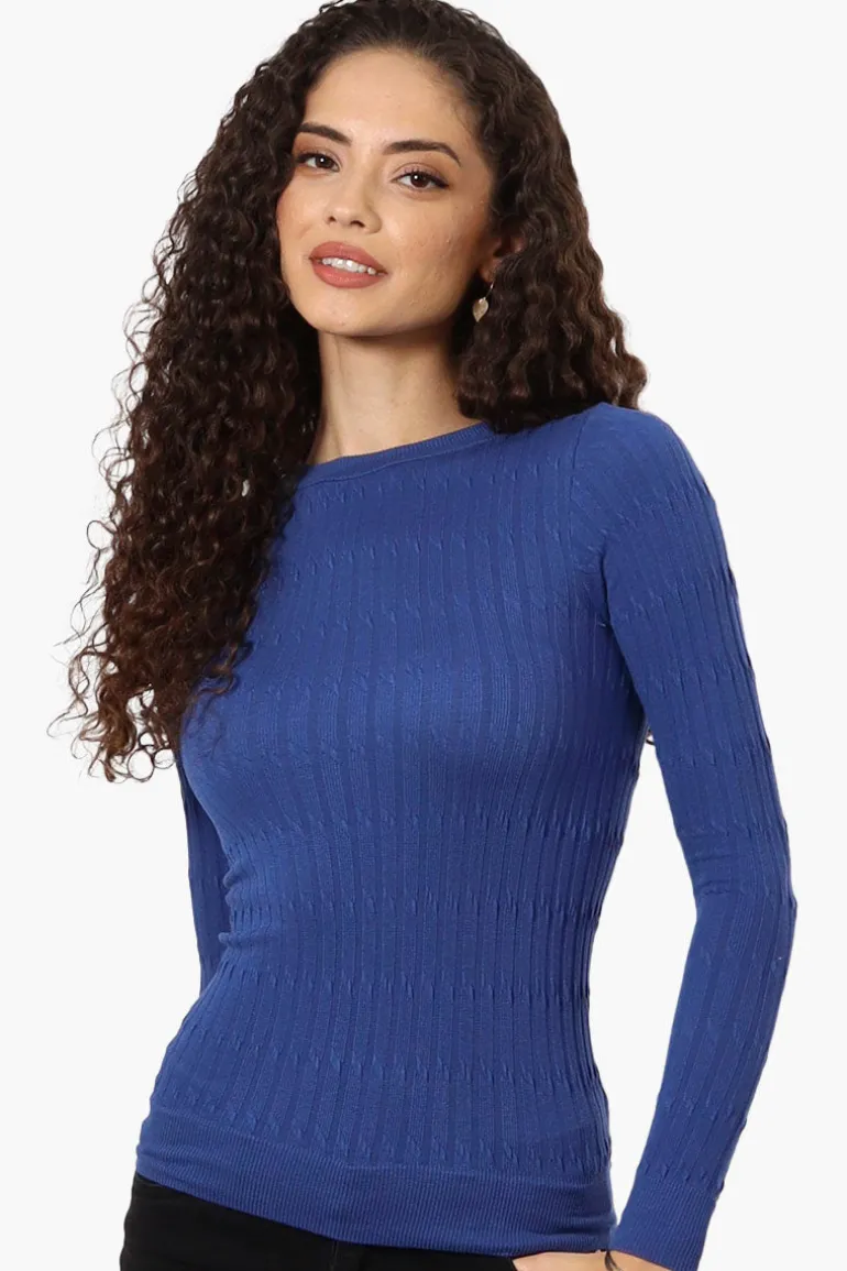 Magazine Solid Ribbed Crewneck Long Sleeve Top - Blue