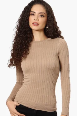 Magazine Solid Ribbed Crewneck Long Sleeve Top - Beige