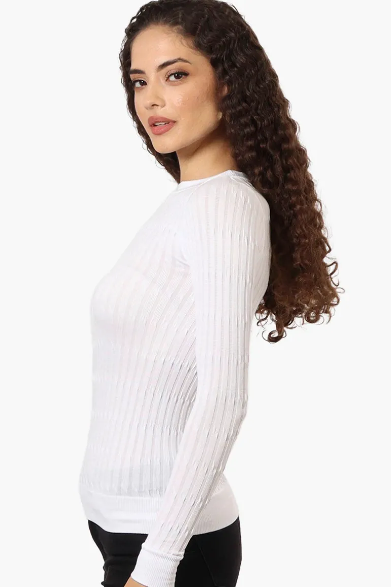 Magazine Solid Ribbed Crewneck Long Sleeve Top - White