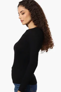 Magazine Solid Ribbed Crewneck Long Sleeve Top - Black